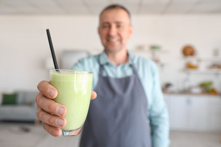 Mature man with glass of fresh vegetable smoothie in kitchen, closeupの写真素材