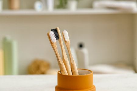 Holder of bamboo toothbrushes on white table in roomの写真素材
