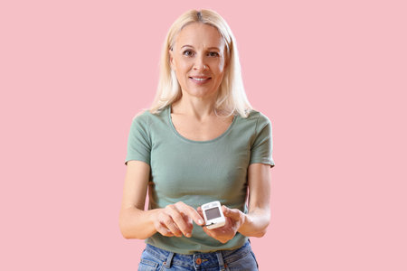 Mature diabetic woman measuring blood sugar level with glucometer on pink backgroundの写真素材