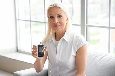 Mature diabetic woman with glucometer at homeの写真素材
