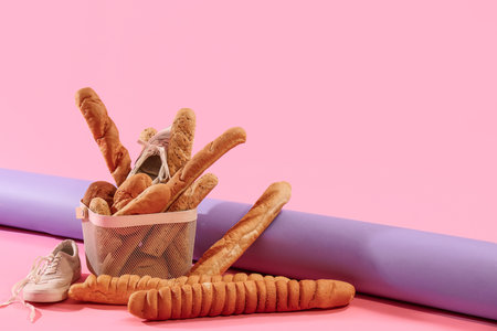 Sportive male sneakers with basket of bread on pink backgroundの写真素材