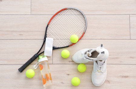 Sportive male sneakers and tennis accessories on white wooden backgroundの写真素材