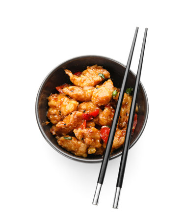 Bowl with tasty sweet and sour chicken on white backgroundの写真素材
