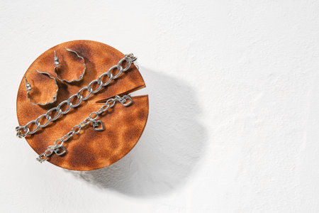 Decorative stand with silver earrings and bracelets on white textured background