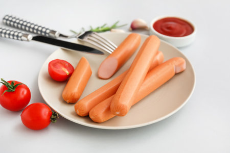 Plate of tasty sausages with tomatoes and ketchup on gray backgroundの写真素材