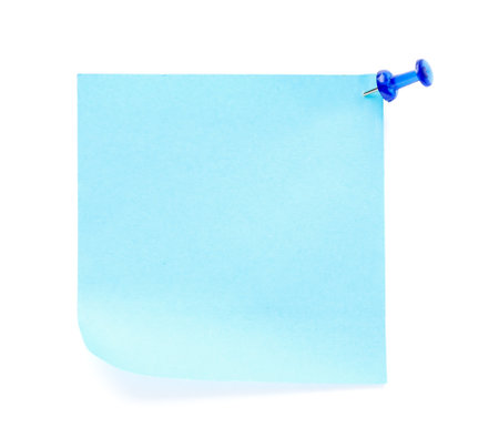 Blue sticky note with paper pin on white backgroundの写真素材