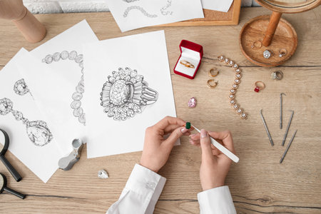 Female jeweler making ring on wooden table, top viewの写真素材
