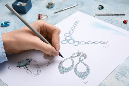 Female jeweler drawing adornment on grunge table, closeupの写真素材