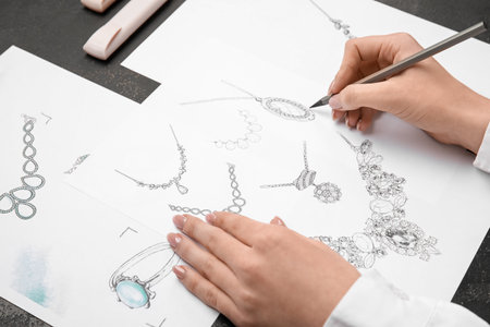 Female jeweler drawing adornment on dark table, closeupの写真素材