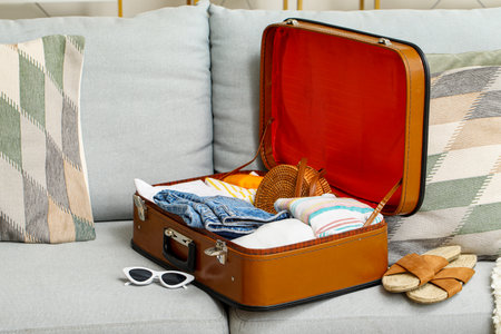 Open suitcase with female clothes on sofa in living roomの写真素材