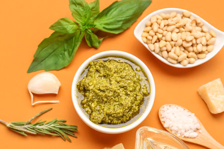Bowl of delicious pesto sauce and ingredients on orange background, closeupの写真素材
