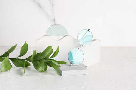 Podiums with round sunglasses and plant branch on white tableの写真素材