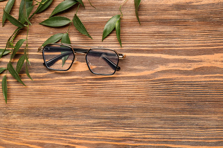 Stylish eyeglasses with plant branches on wooden backgroundの写真素材