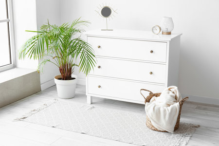 Chest of drawers and houseplant near big windowの写真素材