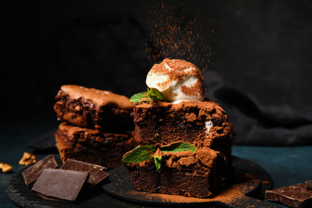 Adding cacao powder onto pieces of tasty chocolate brownie with ice cream on dark backgroundの写真素材