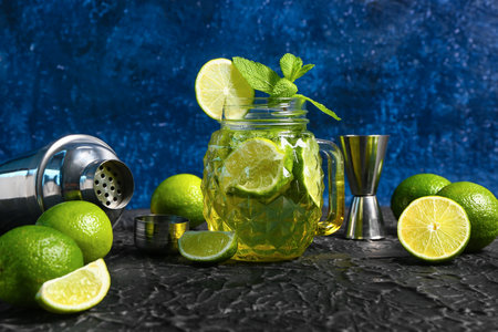 Mason jar of cold mojito and shaker with lime on black tableの写真素材