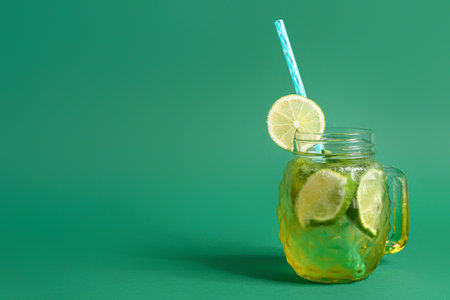 Mason jar of cold mojito on green backgroundの写真素材