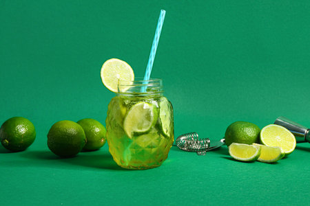 Mason jar of cold mojito and lime on green backgroundの写真素材