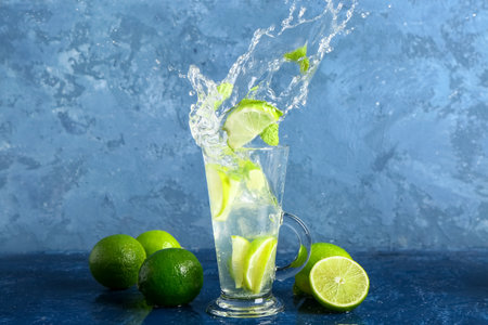 Glass of cold mojito with splashes and lime on blue tableの写真素材