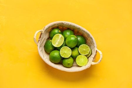Basket with fresh limes on yellow backgroundの写真素材