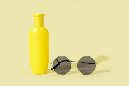 Bottle of sunscreen cream with sunglasses on pale yellow backgroundの写真素材