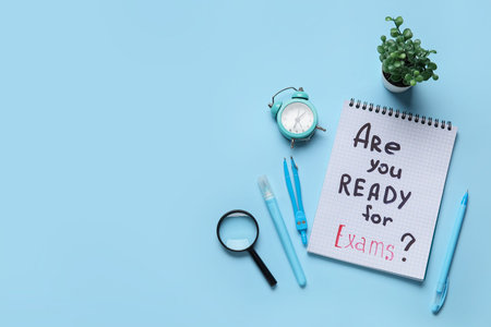Notebook with question ARE YOU READY FOR EXAMS?, magnifier and alarm clock on blue background