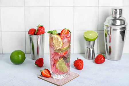 Glass of fresh strawberry mojito with jigger and shakers on grunge light tableの写真素材