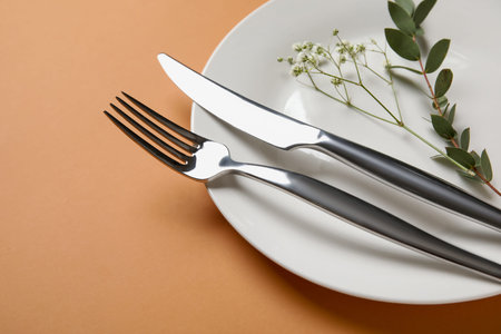 Beautiful table setting and gypsophila flowers on beige background, closeup
