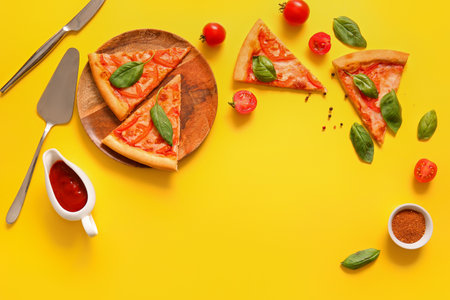 Plate with tasty pizza margarita and tomato sauce on yellow backgroundの写真素材