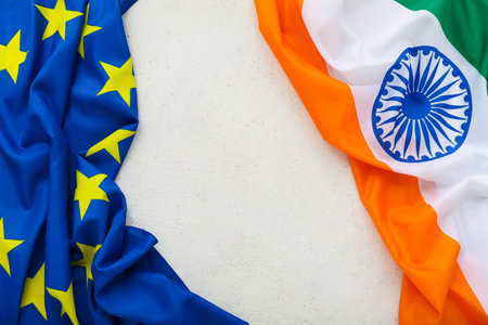 Flags of India and European Union on light backgroundの写真素材