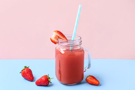 Mason jar of tasty strawberry juice on blue tableの写真素材