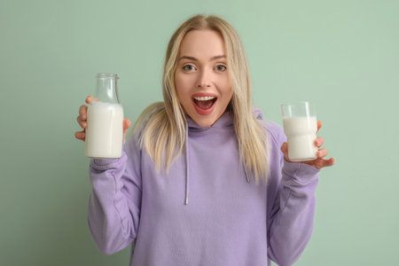 Young woman with glass and bottle of milk on green backgroundの写真素材
