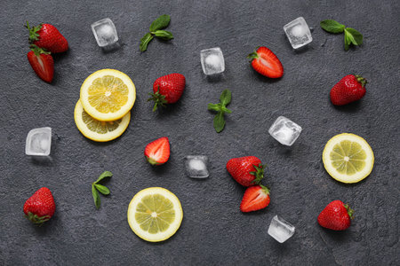Fresh strawberries with lemon and ice cubes on black backgroundの写真素材