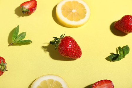 Fresh strawberries with lemon and mint on yellow backgroundの写真素材