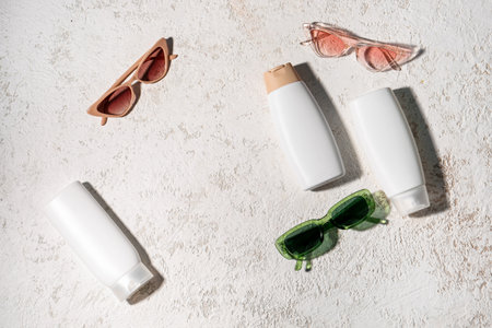 Bottles of sunscreen cream and different sunglasses on grunge white backgroundの写真素材