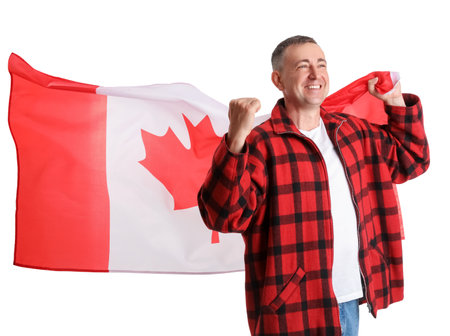 Mature man with flag of Canada on white backgroundの写真素材