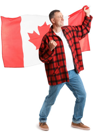 Mature man with flag of Canada on white backgroundの写真素材