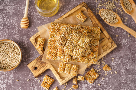 Board with tasty kozinaki, sunflower seeds and jar of honey on grunge gray backgroundの写真素材