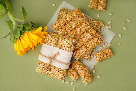 Sunflower with tasty kozinaki and seeds on green backgroundの写真素材