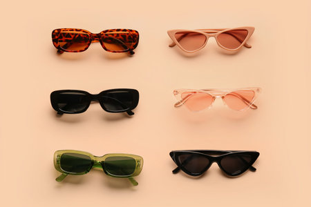 Stylish sunglasses on beige background