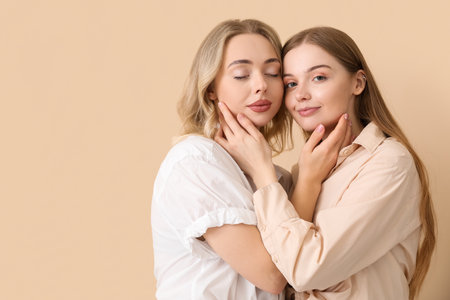 Young sisters hugging on beige backgroundの写真素材