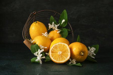 Basket of blooming branches with lemons on black backgroundの写真素材