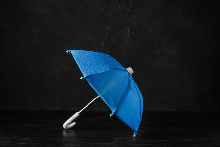 Mini blue umbrella with water drops on black backgroundの写真素材