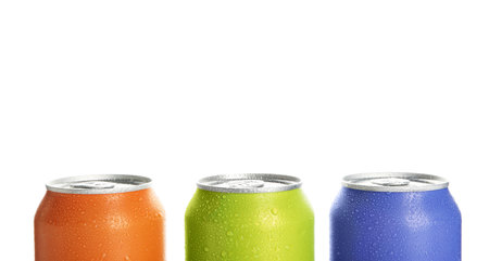 Cans of fresh soda isolated on white background, closeupの写真素材