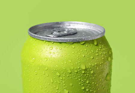 Can of fresh soda with water drops on green background, closeupの写真素材