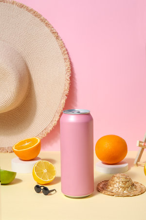 Can of soda with beach accessories and citrus fruits table near pink wallの写真素材