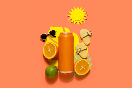 Can of soda with beach decor and citrus fruits on red backgroundの写真素材