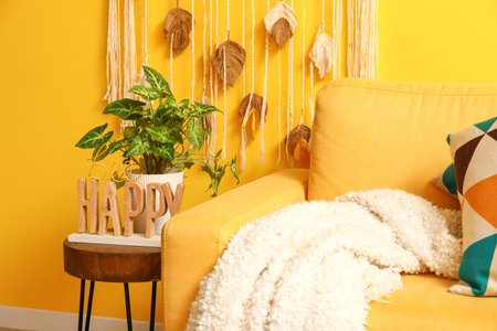 Cozy armchair with plaid and houseplant on coffee table near yellow wallの写真素材