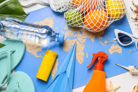 Composition with world map, bottle of sunscreen cream, paper plane and fruits in bag on white...