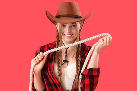 Young cowgirl with lasso on red background, closeupの写真素材
